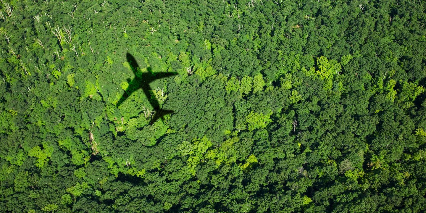 Airplane flying over a lush green forest, promoting sustainable travel options.