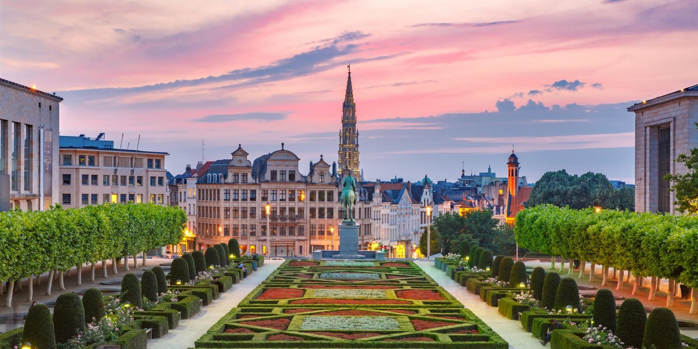 Brussels City Hall and Mont des Arts area at sunset in Brussels, Belgium