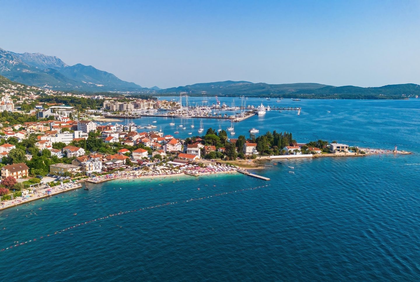 Aerial view of Porto Montenegro, a luxury marina located in Tivat in the Bay of Kotor, Montenegro
