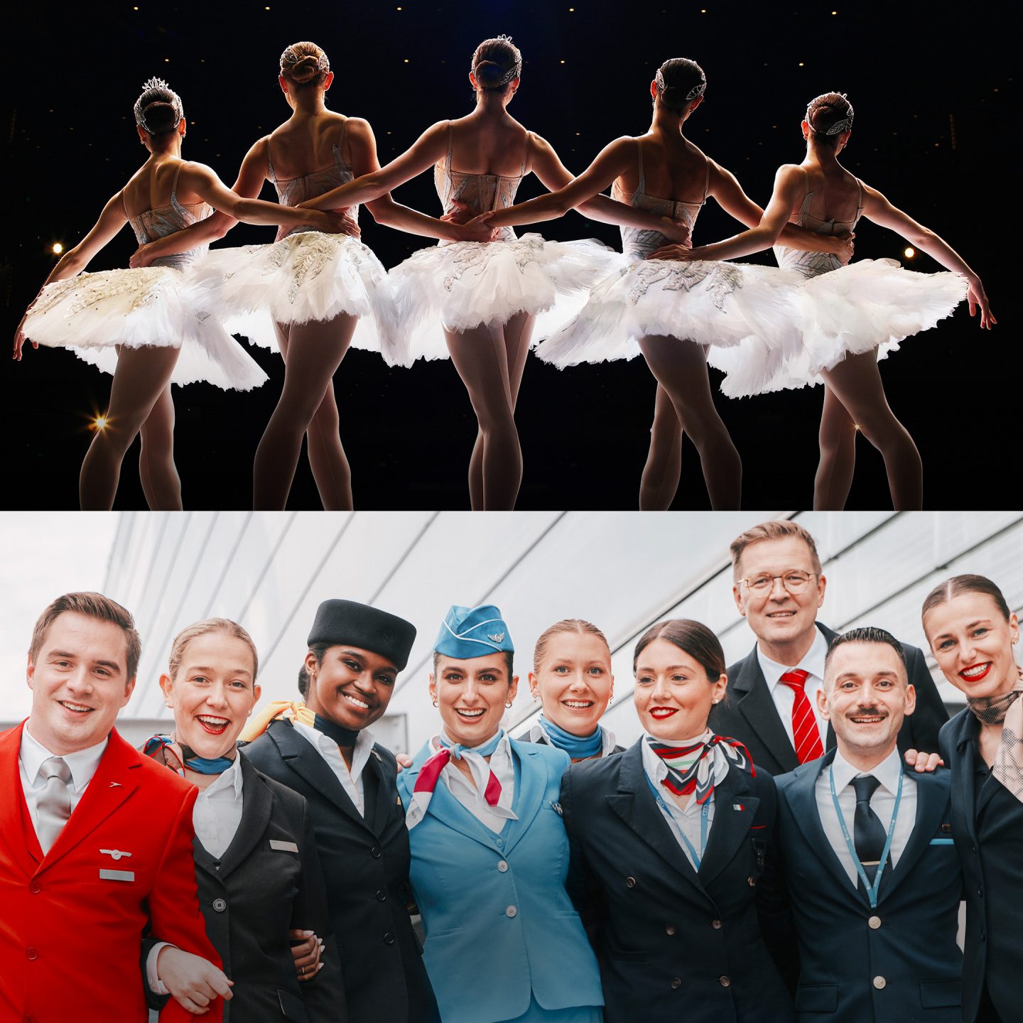 Five ballet dancers in white tutus perform onstage above a group of smiling airline employees in uniform.