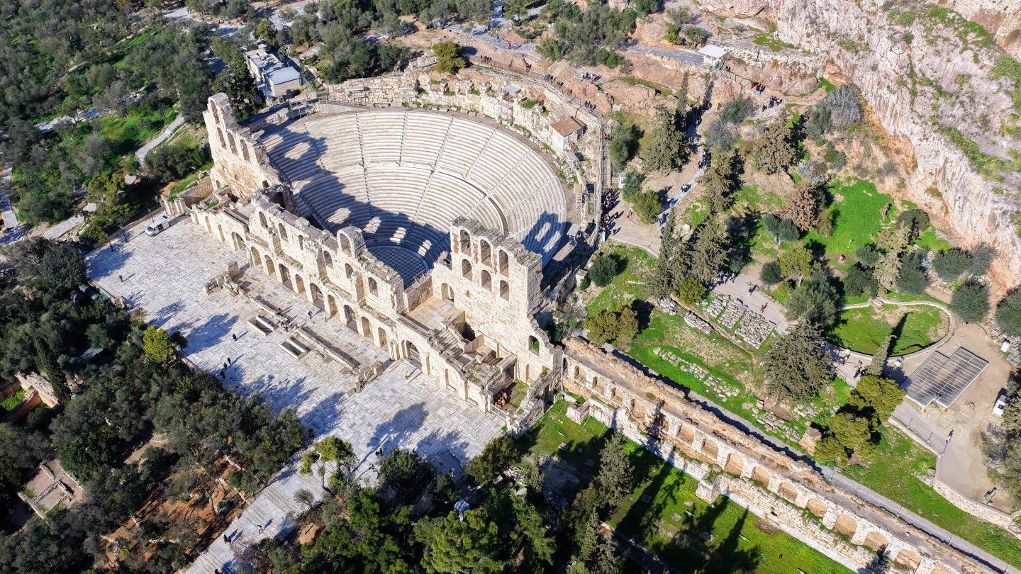 Aerial drone photo of iconic theatre of Herodus Atticus, Athens historic centre, Attica, Greece
