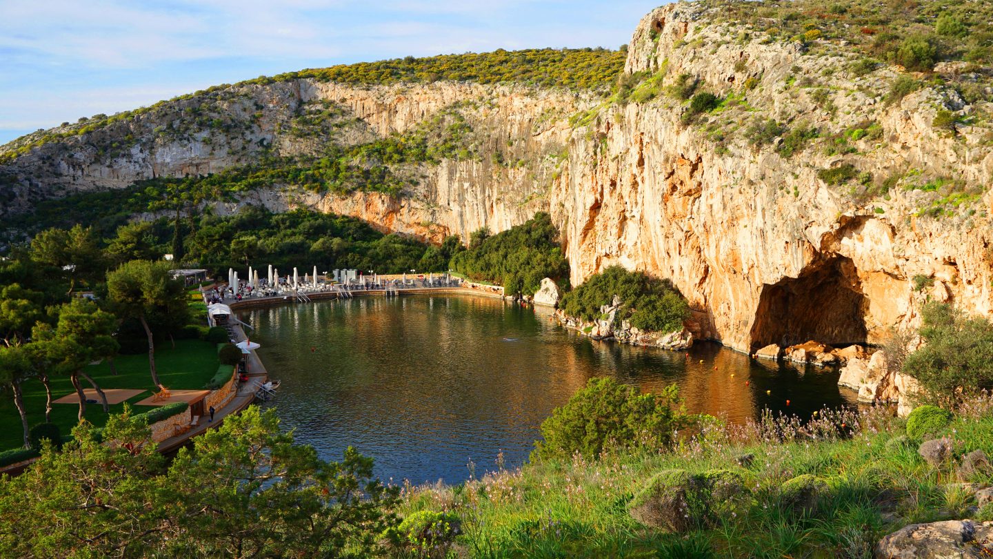 Spring photo from reflecting lake Vouliagmeni famous for healing abilities, Vouliagmeni, Attica, Greece