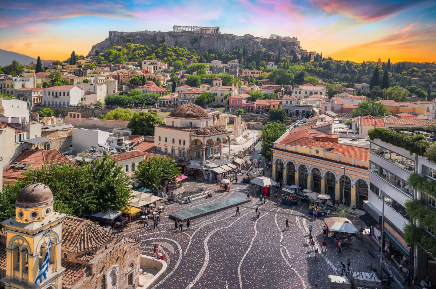 Athens, Greece Monastiraki square at sunset.	